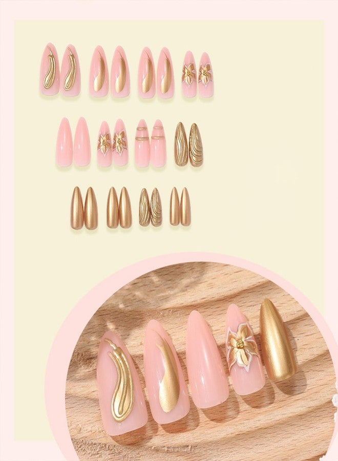 SINHOT Press on Nails - Medium Almond Fake Nails, Glossy Finish, Gold Chrome & Gold Flower, DIY Artificial False Nail Art - 24 Pcs Nail Kit with Glue - Image 2